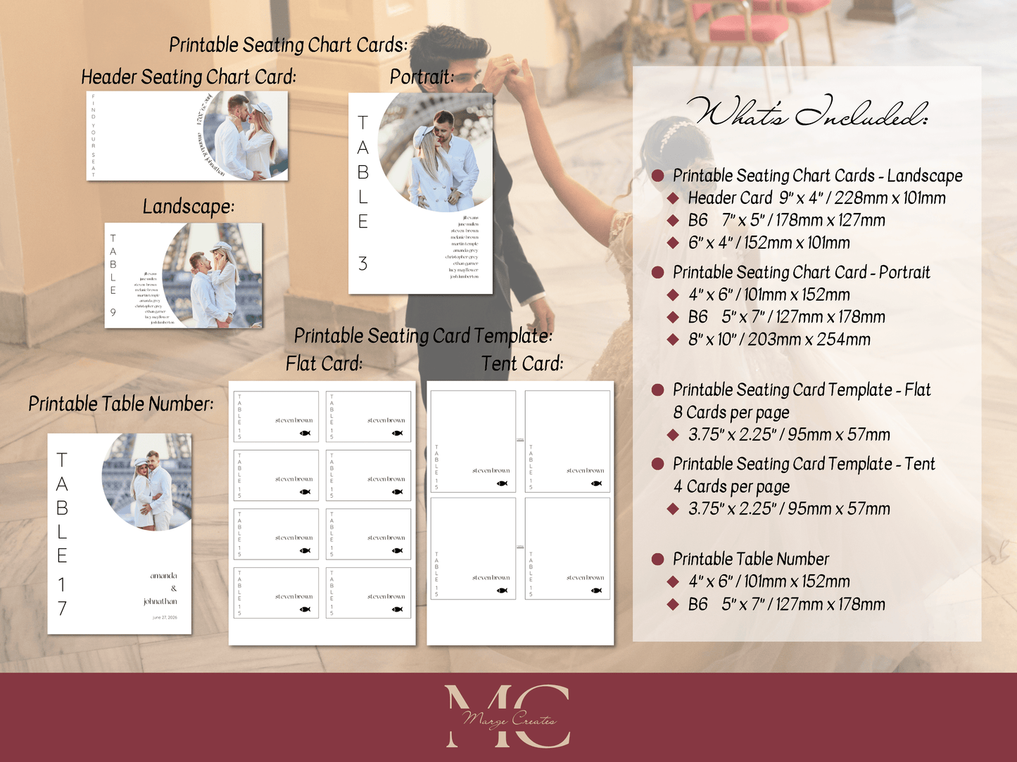 Minimalist Round Photo 7Pc Wedding Reception Bundle with Seating Chart Card, Printable Templates