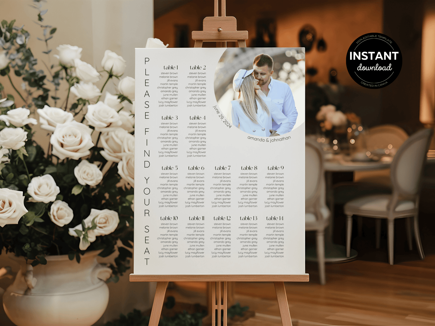 Minimalist Round Photo Wedding Seating Template Bundle with Seating Chart, Printable Templates