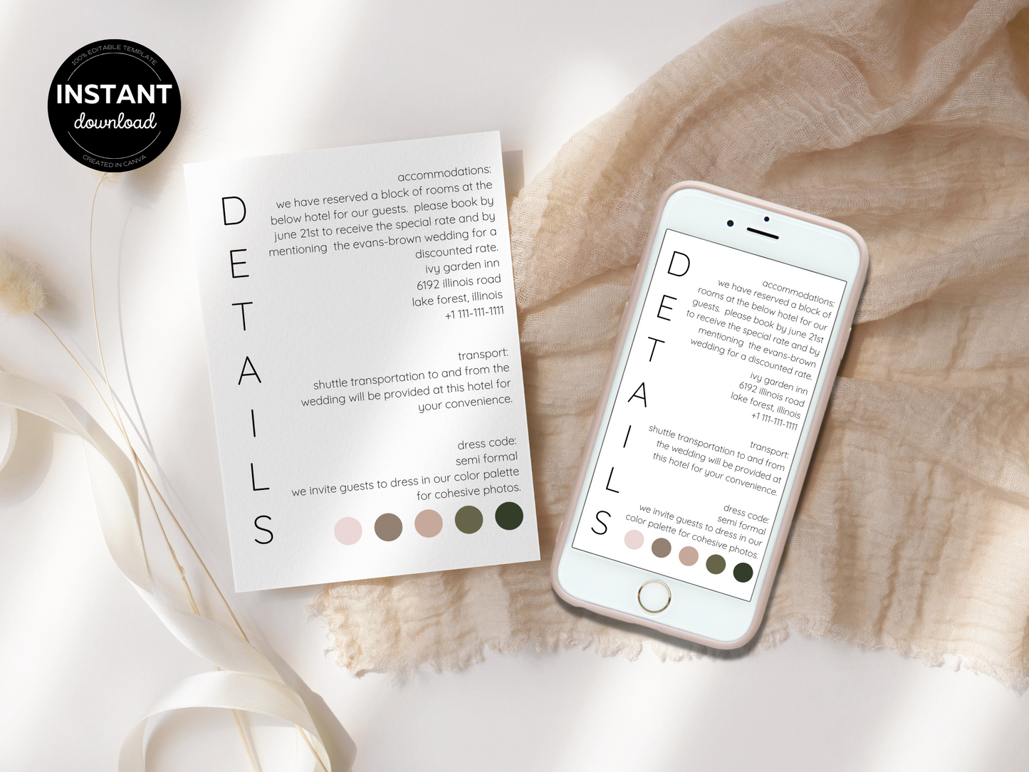 Minimalist Wedding Details Insert Template, Printable & Digital Templates