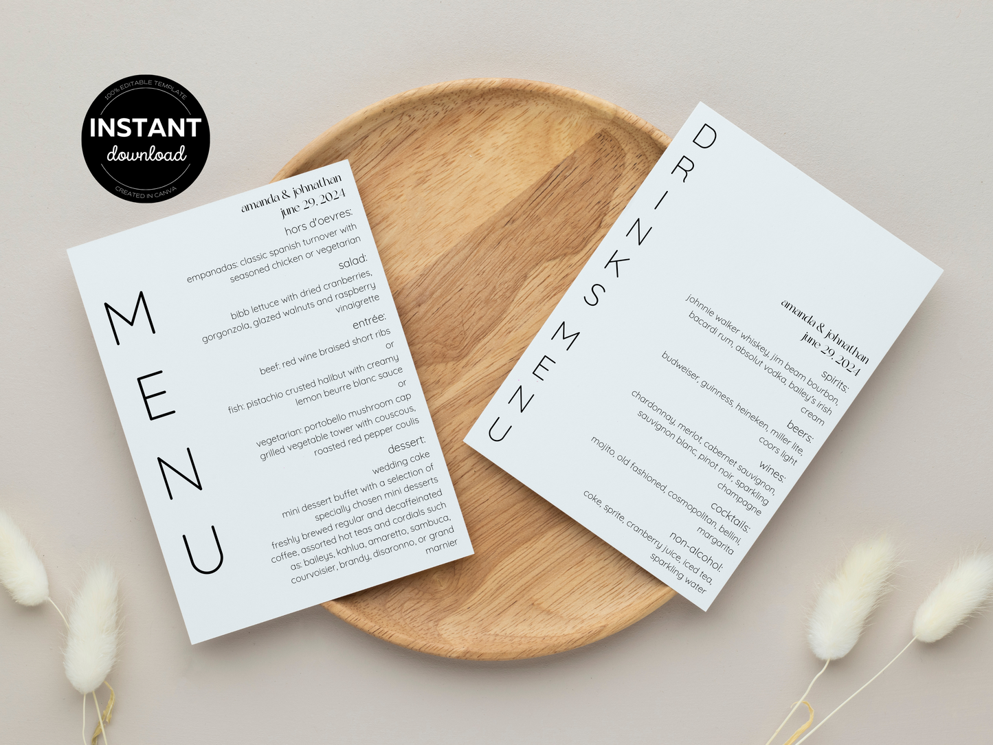 Minimalist Wedding Menu & Drinks Menu Template, Printable Template