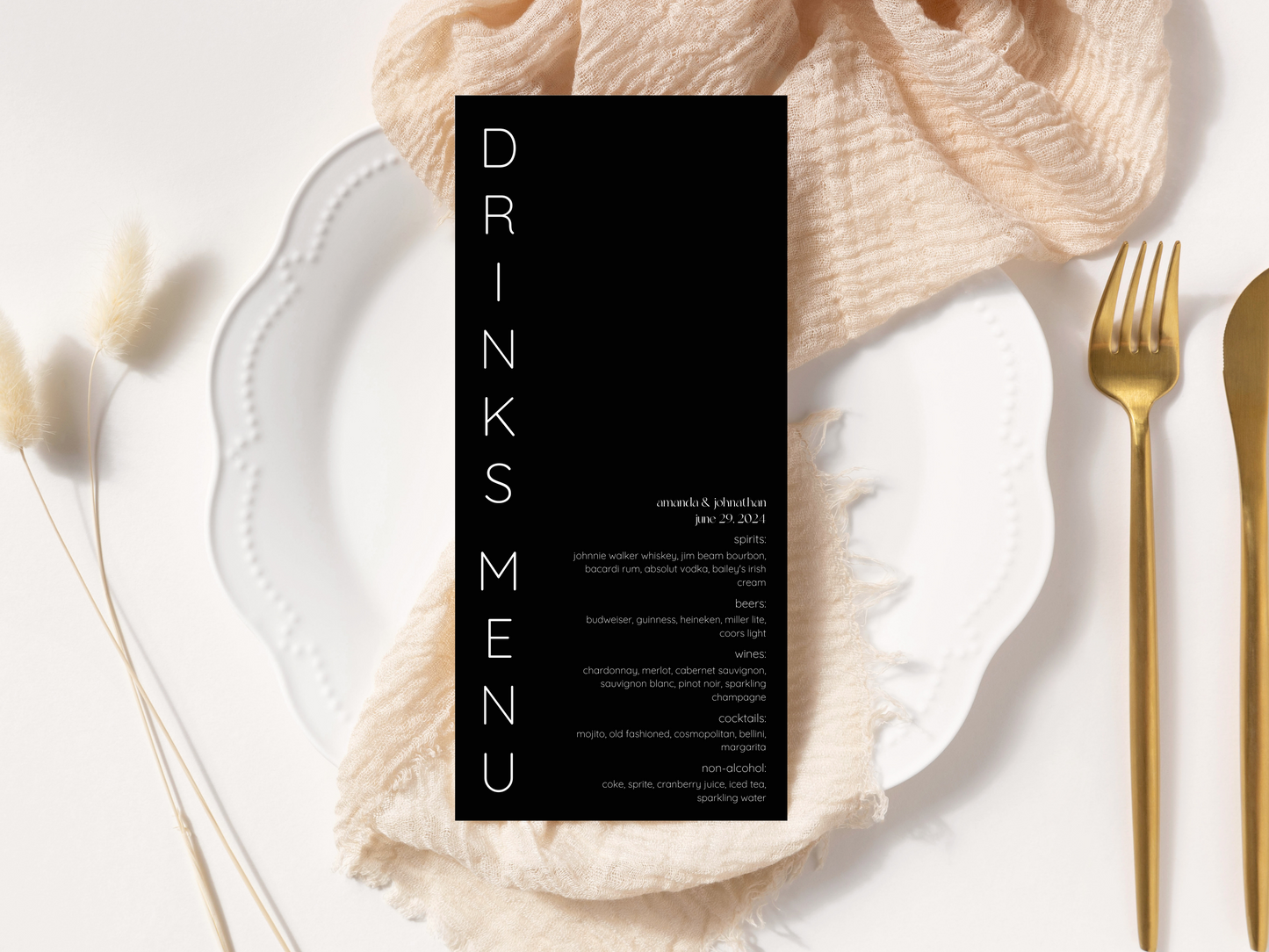 Minimalist Wedding Menu & Drinks Menu Template, Printable Template