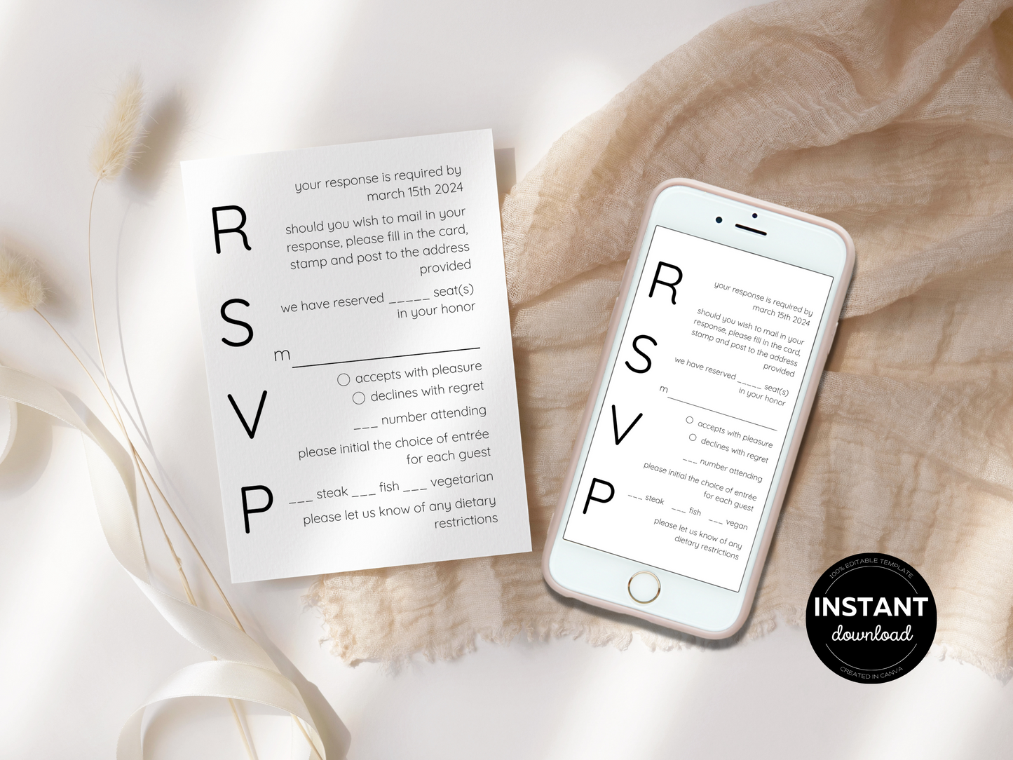 Minimalist Wedding RSVP Insert Template, Printable & Digital Templates