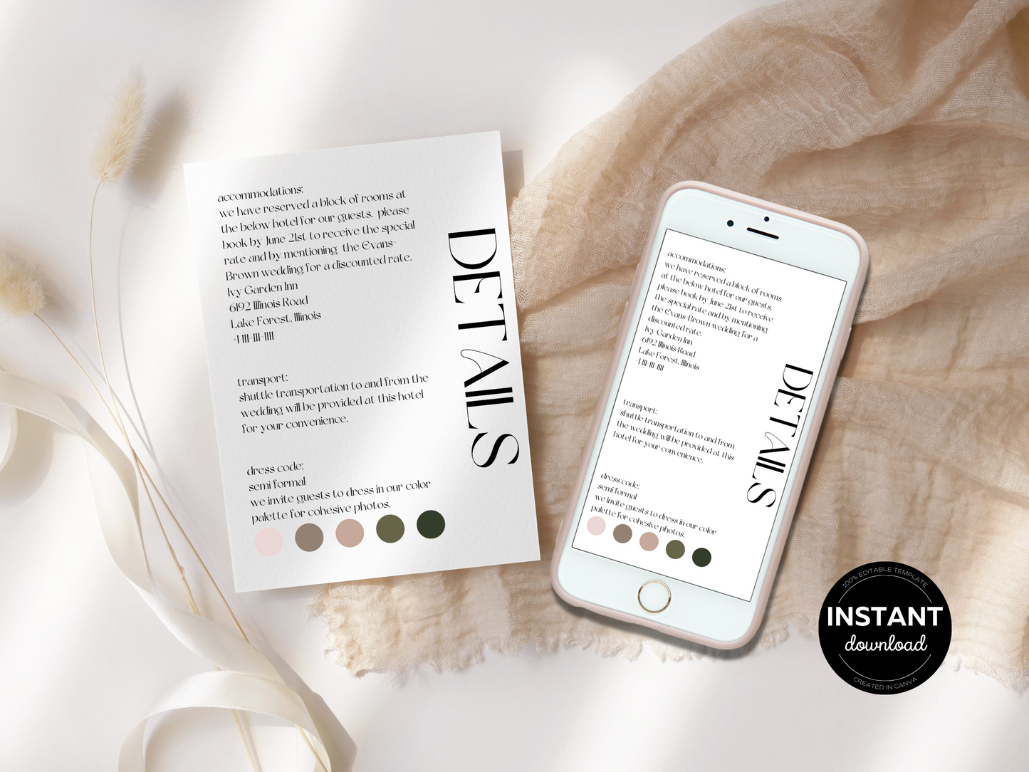 Modern Minimalist Wedding Details Insert Templates, Printable & Digital Templates