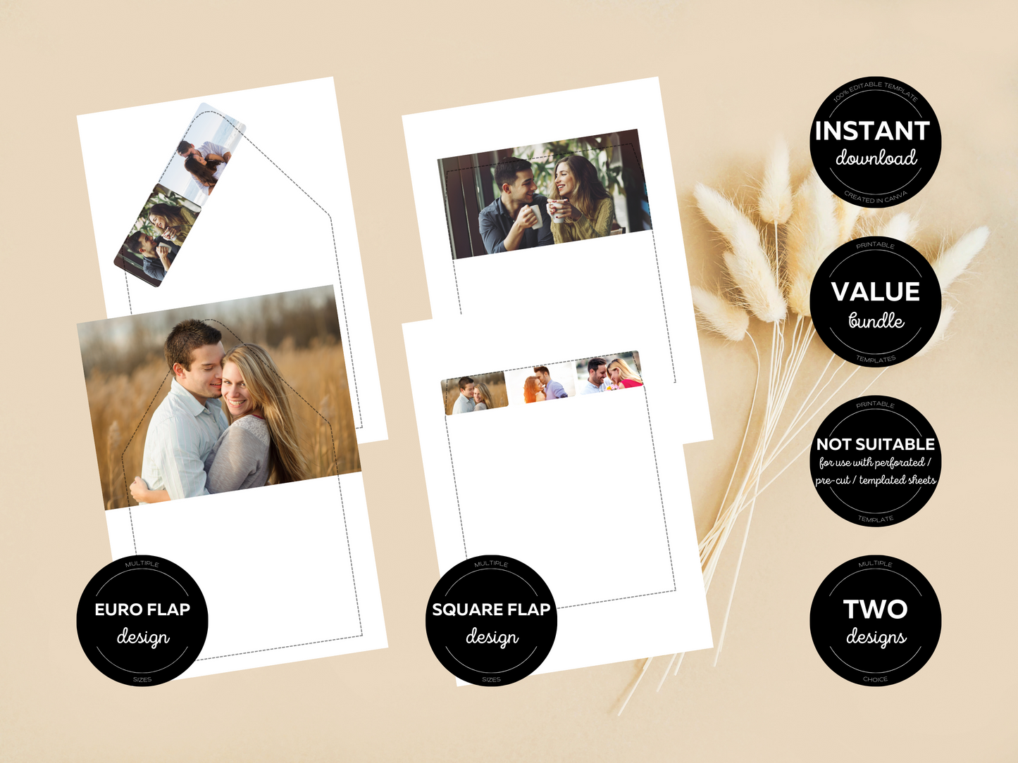 Modern Minimalist Photo Wedding Envelope Decorative Template Bundle, Printable Templates