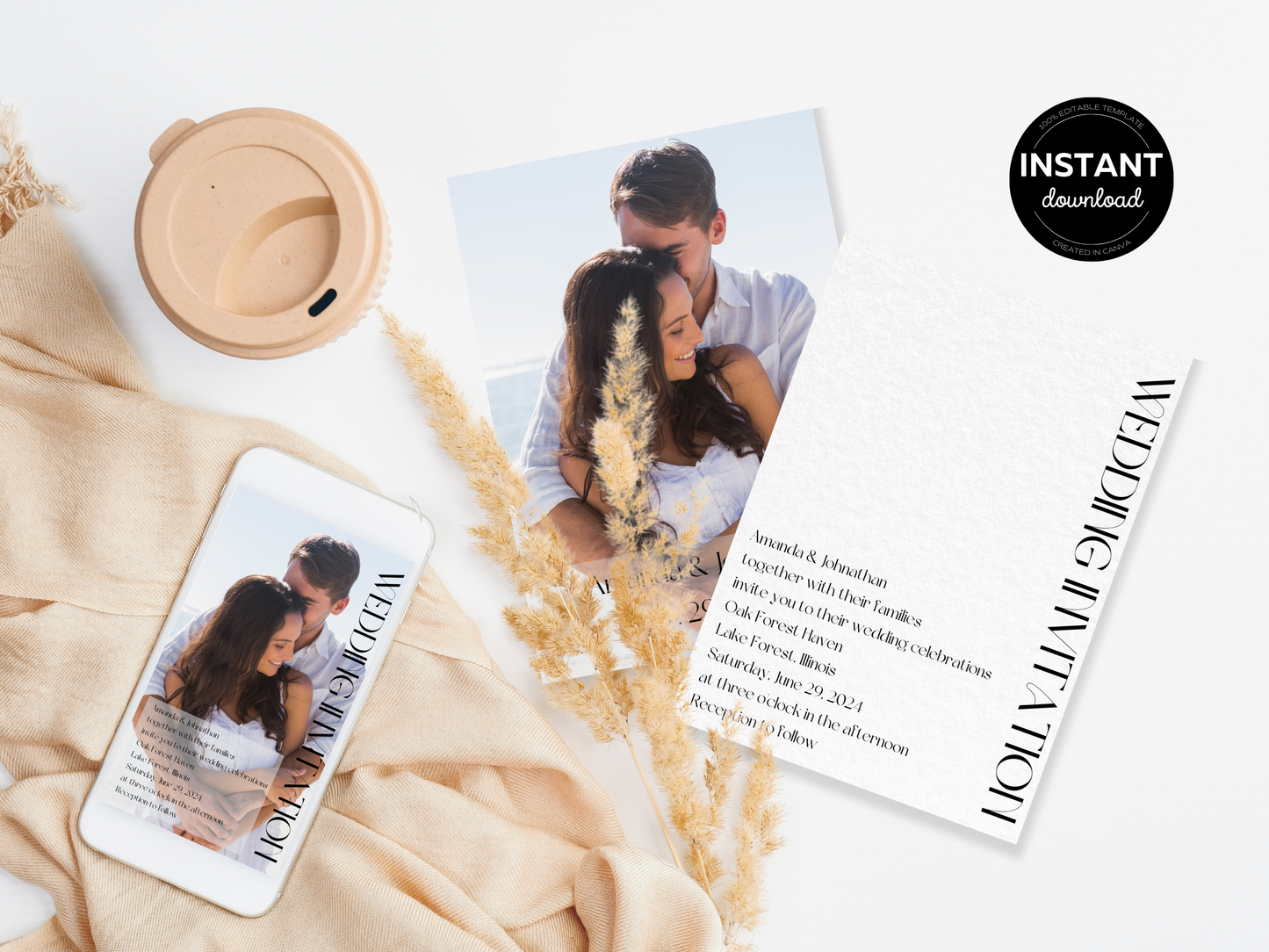 Modern Minimalist Photo Wedding Invitation Template, Printable & Digital Templates