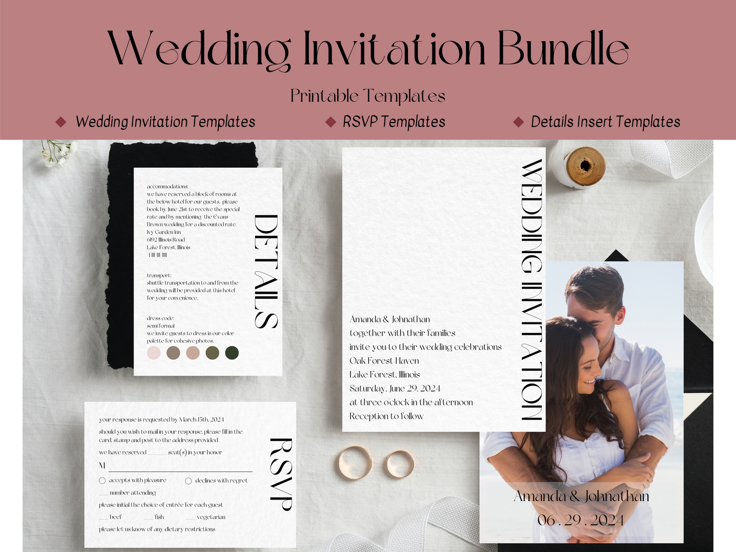 Modern Minimalist Photo Wedding Invitation & Insert Cards Template Bundle, Printable Templates