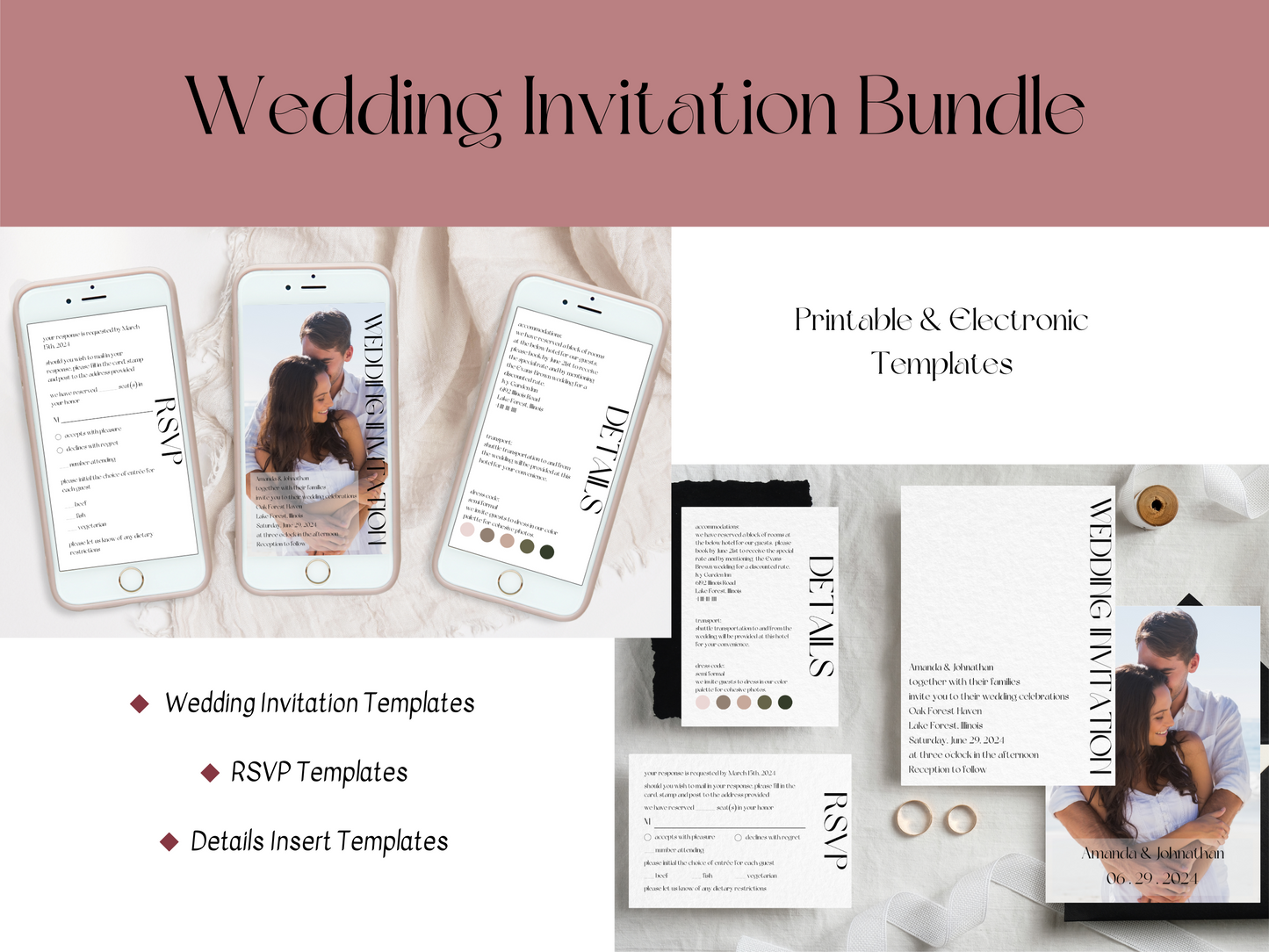 Modern Minimalist Photo Wedding Invitation & Insert Card Template Bundle, Printable & Digital Templates