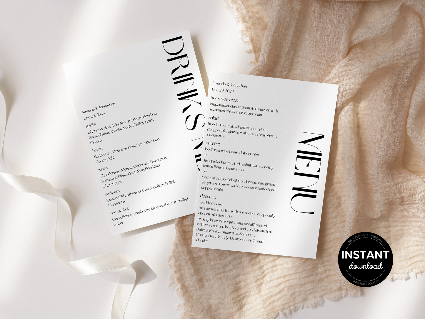Modern Minimalist Wedding Menu & Drinks Menu Template, Printable Template