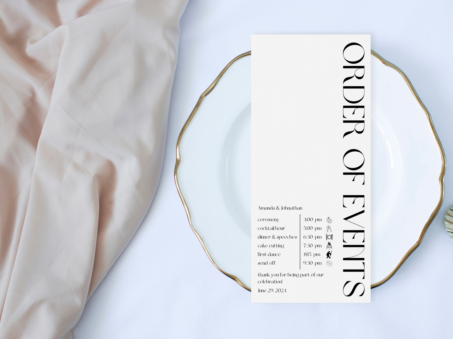 Modern Minimalist Wedding Order of Event Template, Printable Template
