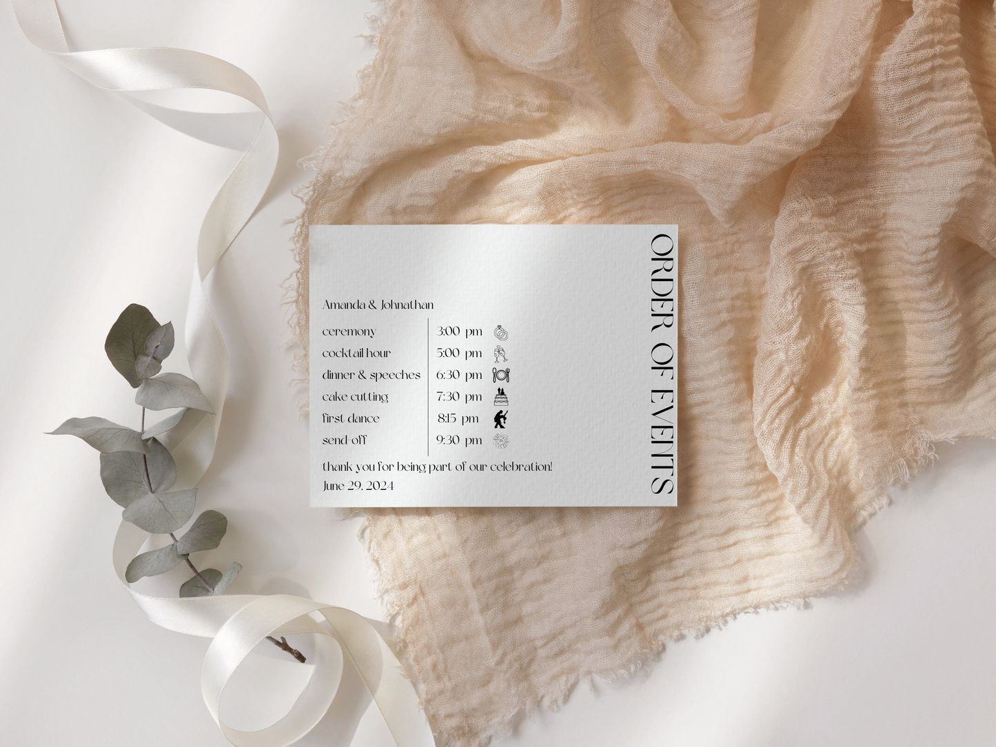 Modern Minimalist Wedding Order of Event Template, Printable Template