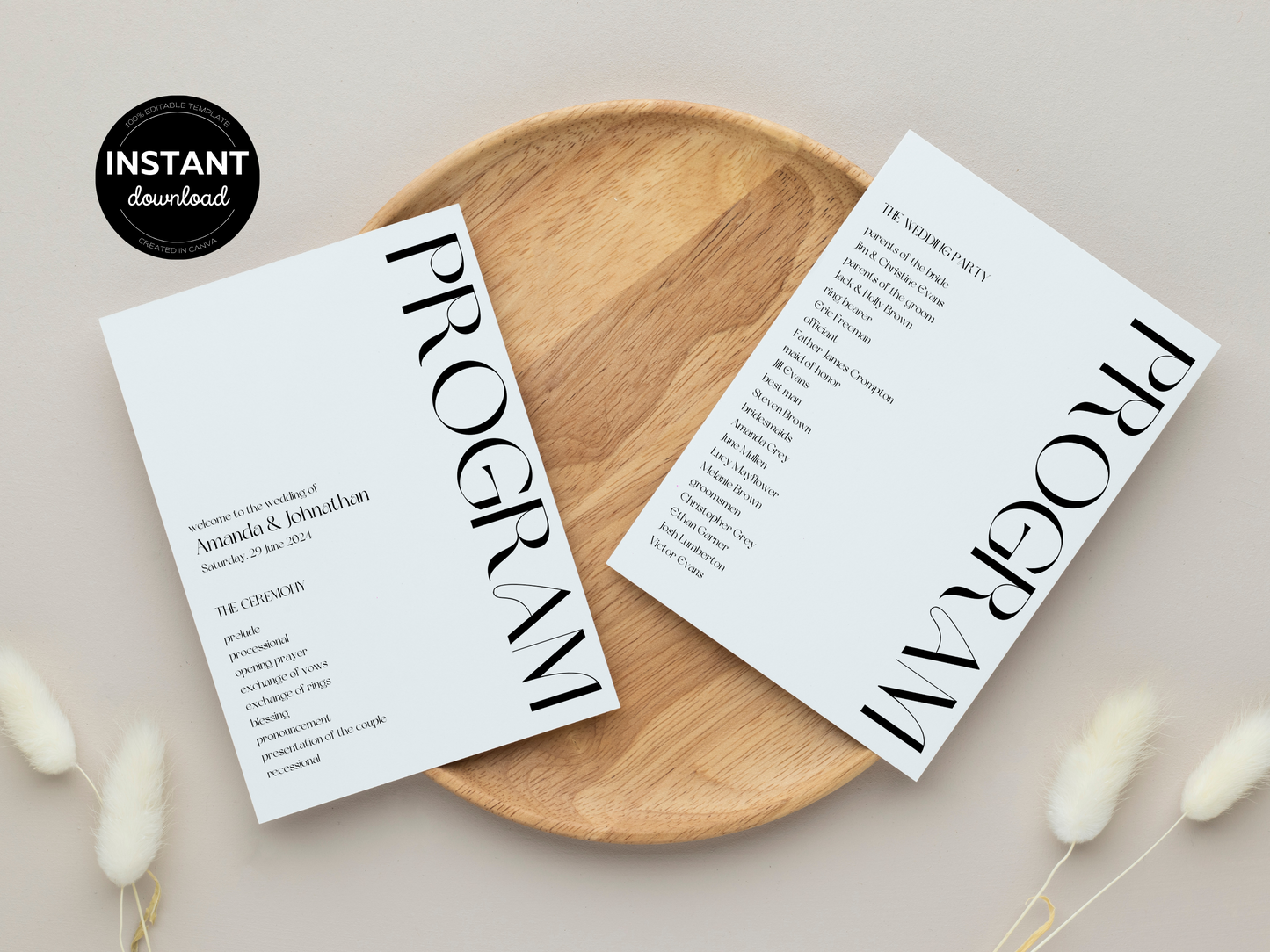 Modern Minimalist Wedding Program Template, Printable Templates