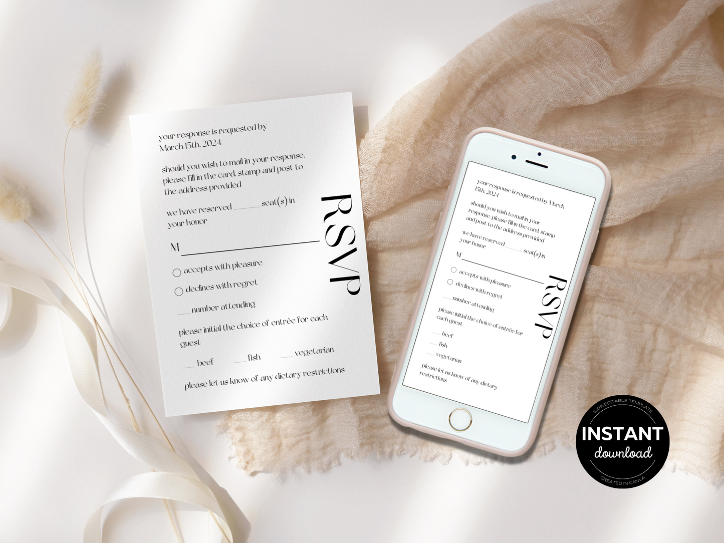 Modern Minimalist Wedding RSVP Insert Templates, Printable & Digital Templates