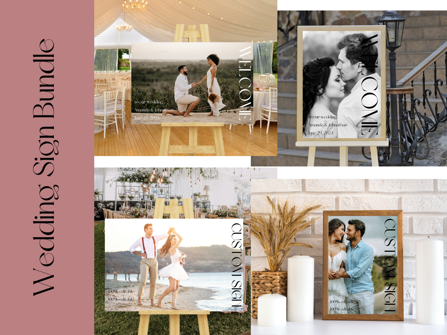 Modern Minimalist Photo Wedding Sign Template Bundle, Printable Templates