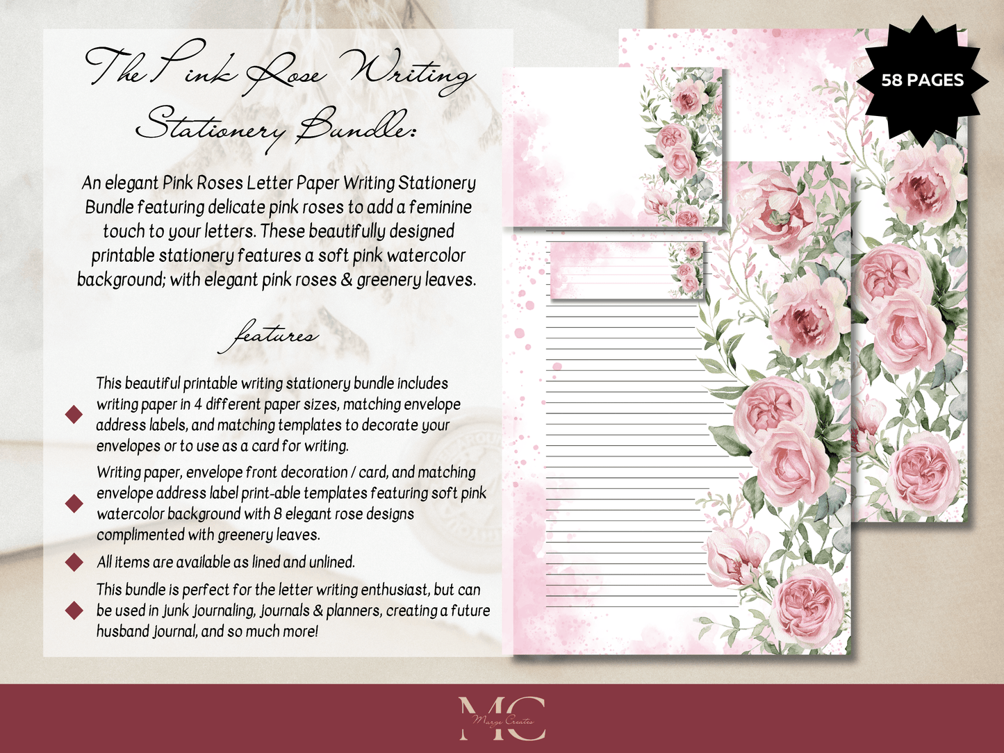 Pink Roses Paper Writing Stationary Set - Writing Paper, Address Labels, Envelope Decoration/Card, 8 Designs - 58 Pages