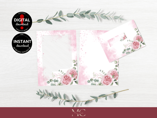 Pink Roses Paper Writing Stationary Set - Writing Paper, Address Labels, Envelope Decoration/Card, 8 Designs - 58 Pages