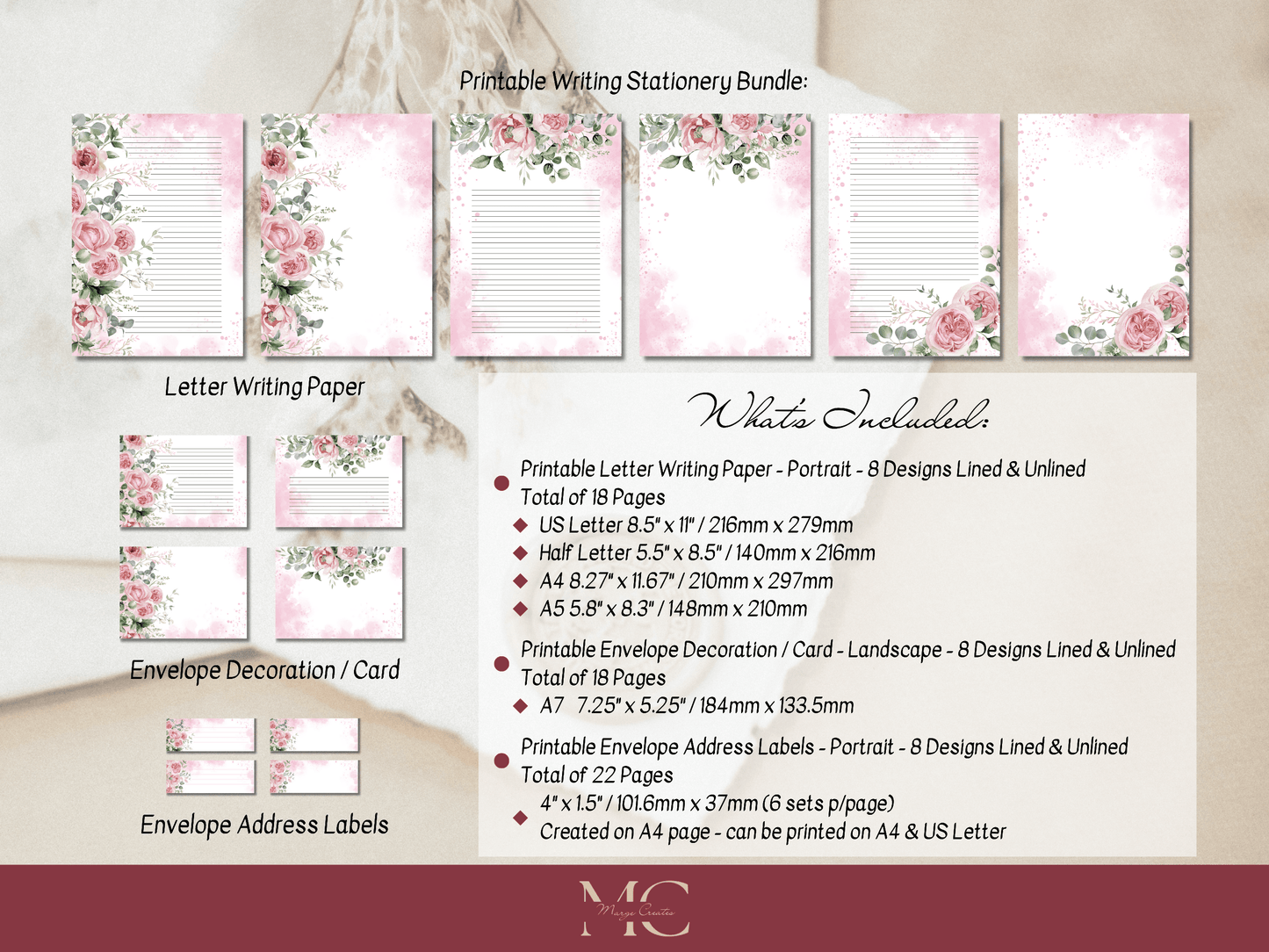 Pink Roses Paper Writing Stationary Set - Writing Paper, Address Labels, Envelope Decoration/Card, 8 Designs - 58 Pages