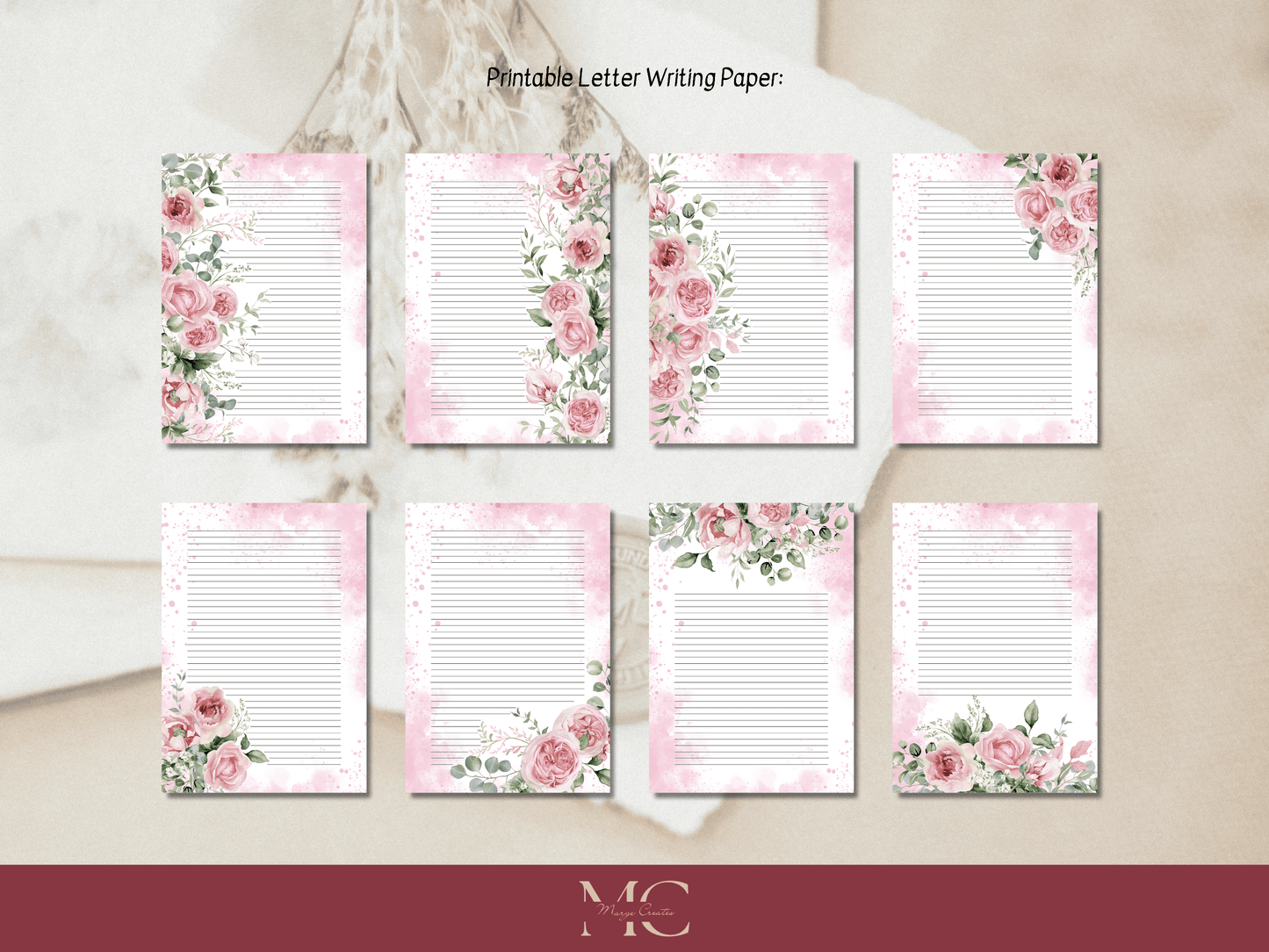 Pink Roses Paper Writing Stationary Set - Writing Paper, Address Labels, Envelope Decoration/Card, 8 Designs - 58 Pages