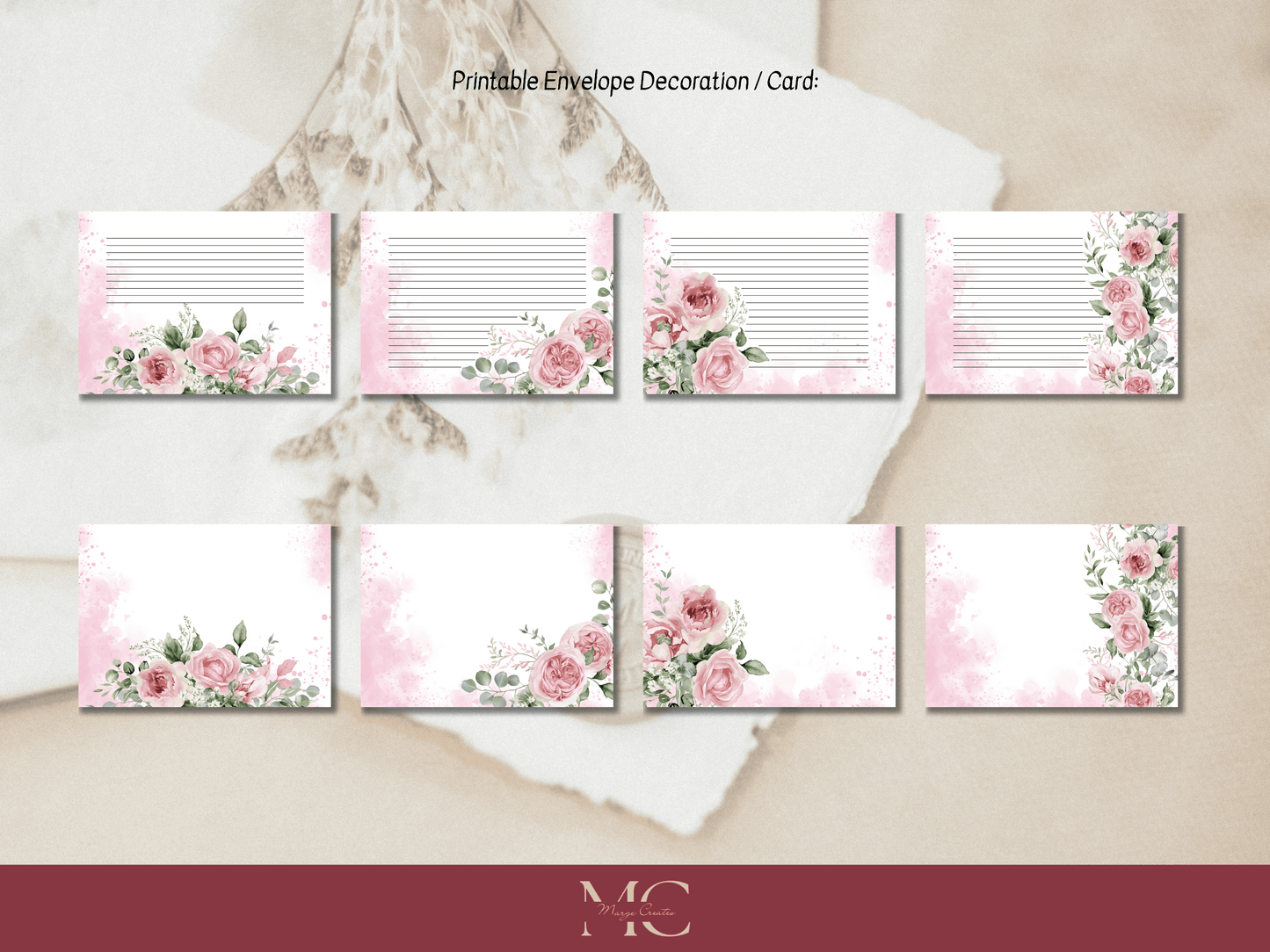 Pink Roses Paper Writing Stationary Set - Writing Paper, Address Labels, Envelope Decoration/Card, 8 Designs - 58 Pages
