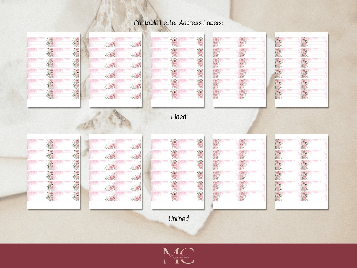 Pink Roses Paper Writing Stationary Set - Writing Paper, Address Labels, Envelope Decoration/Card, 8 Designs - 58 Pages