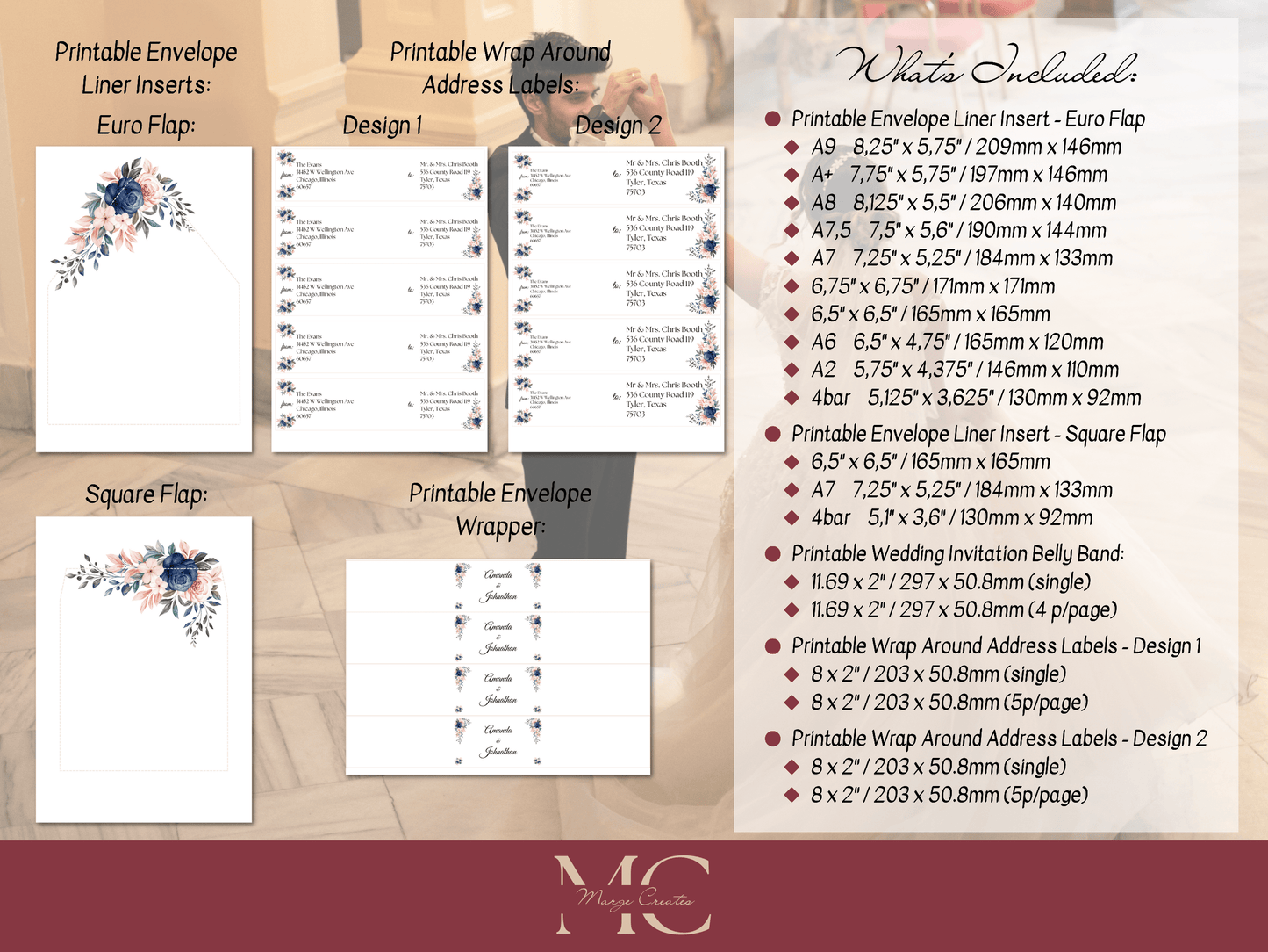 Pink & Blue Floral Wedding Envelope Decoration Template Bundle, Envelope Design 3 (WA), Printable Templates