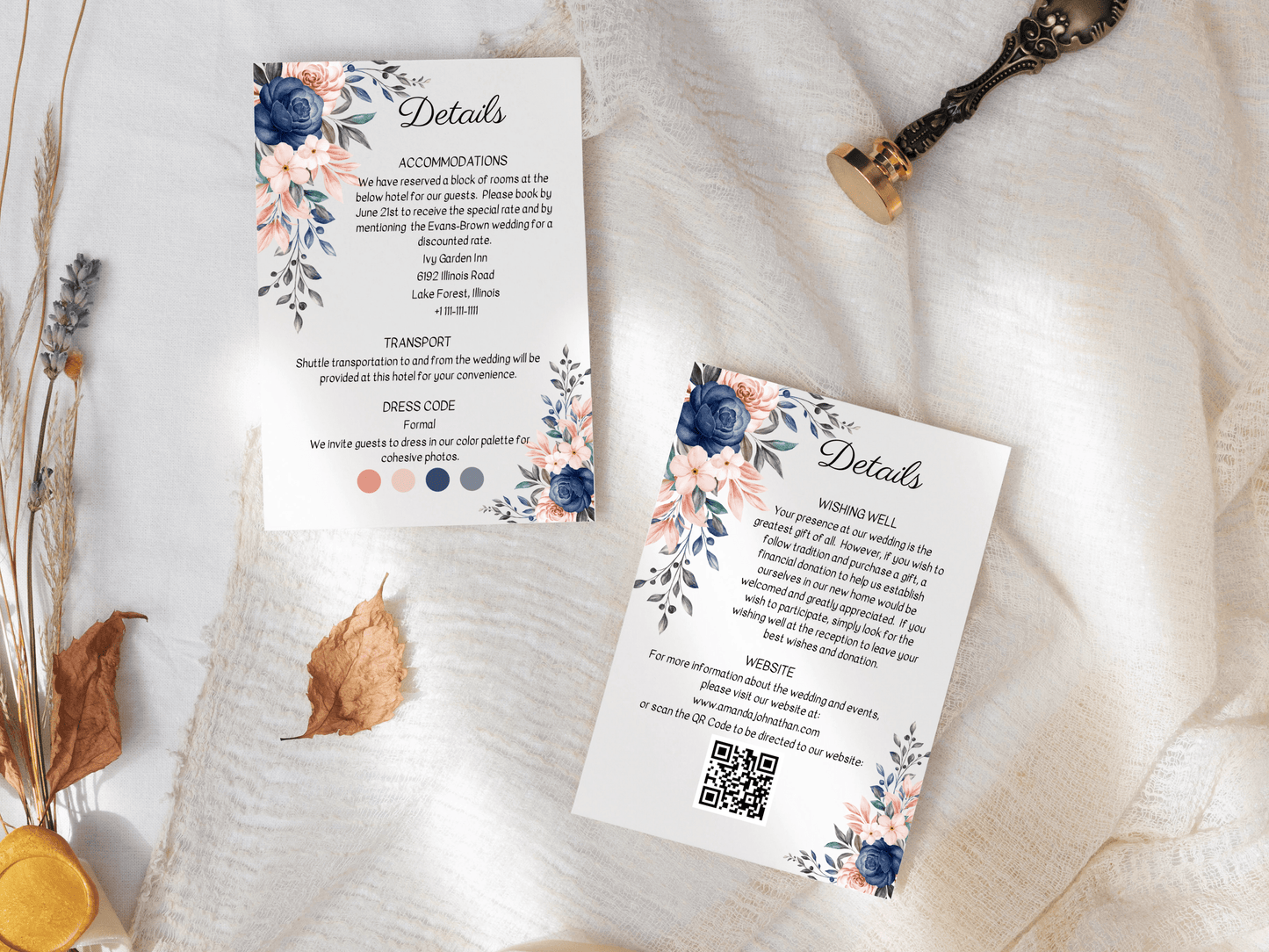 Pink & Blue Floral Wedding Details Insert Templates, Printable & Digital Templates