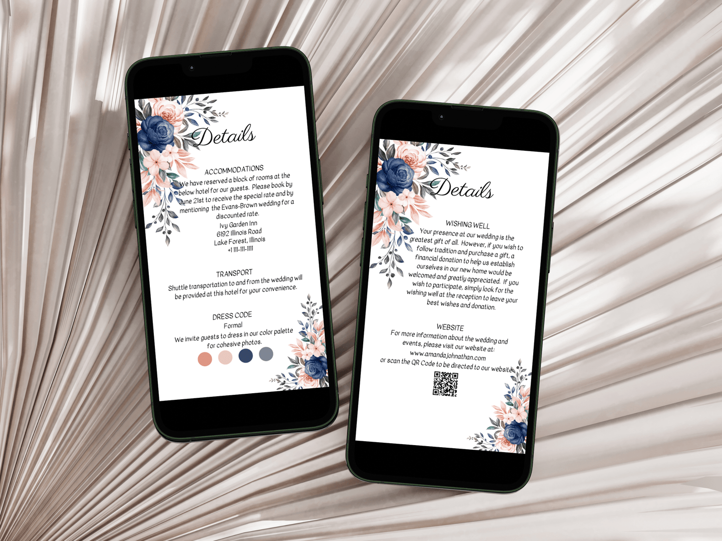 Pink & Blue Floral Wedding Details Insert Templates, Printable & Digital Templates