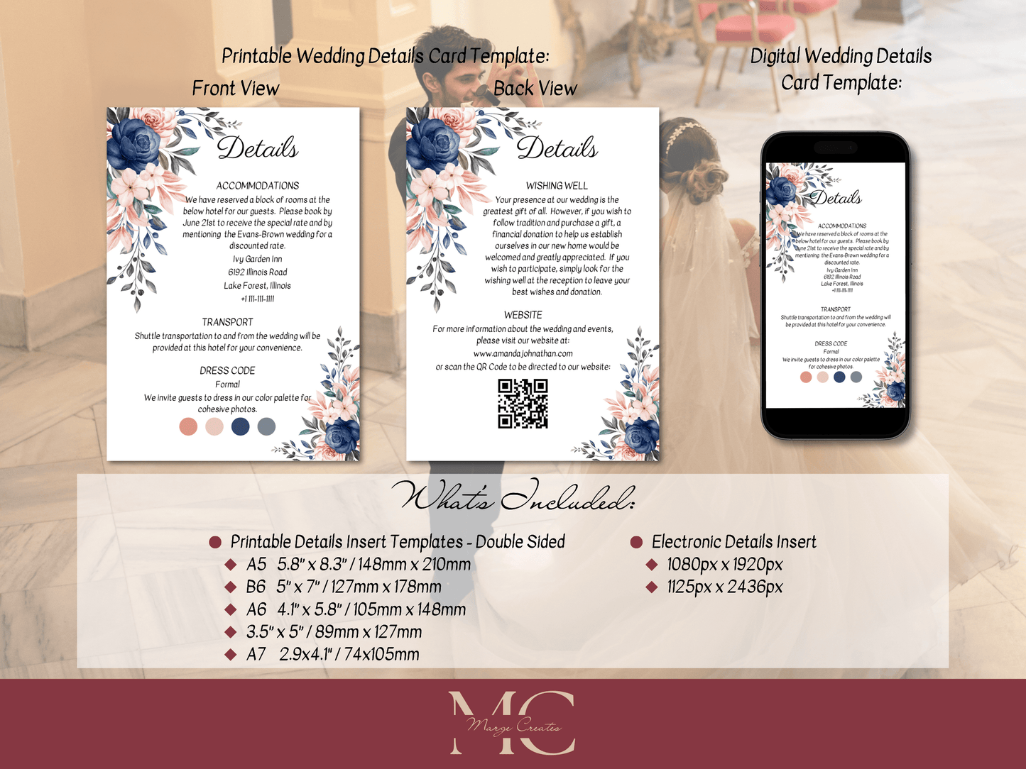 Pink & Blue Floral Wedding Details Insert Templates, Printable & Digital Templates