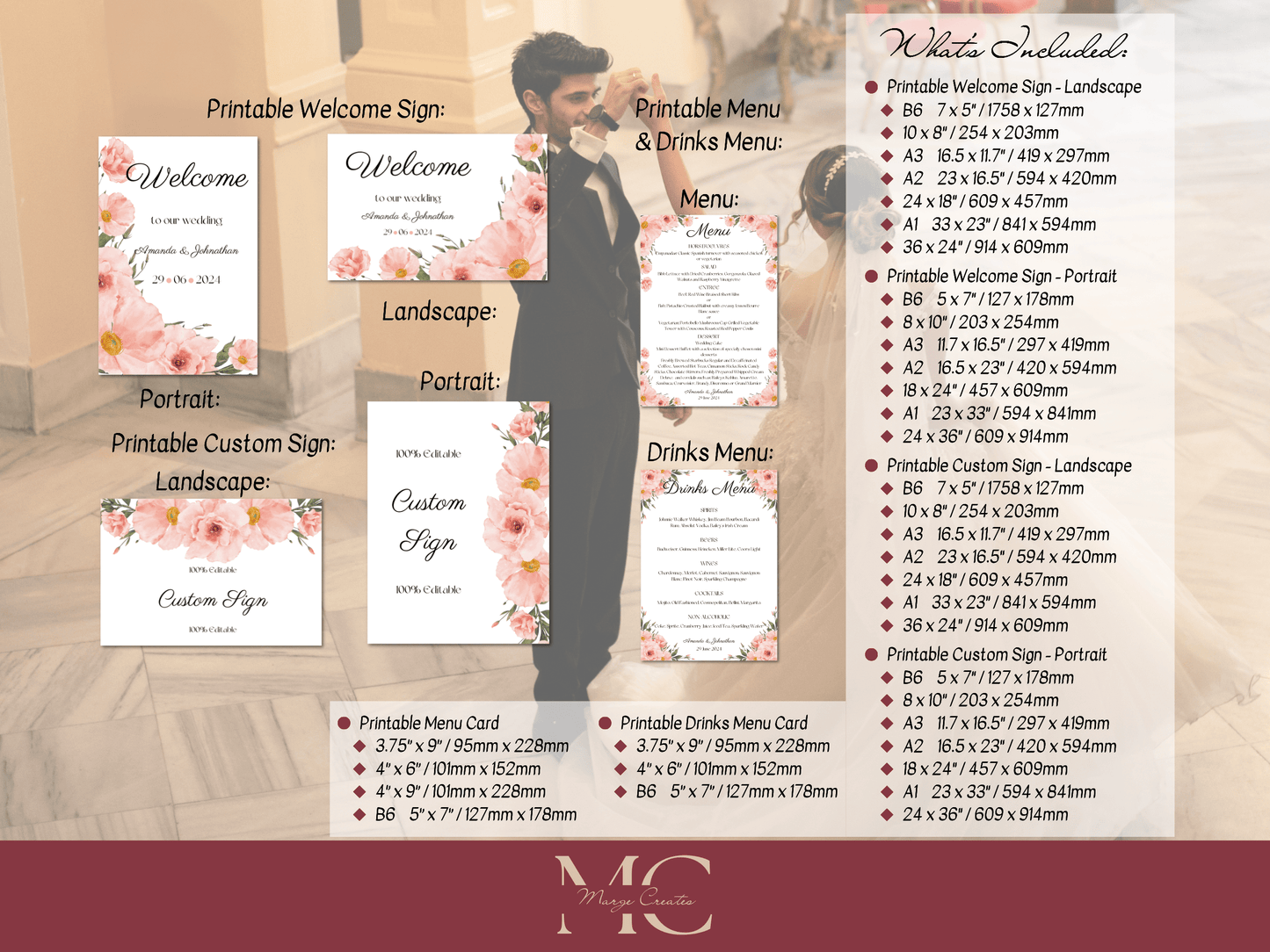 Soft Pink Floral 7Pc Wedding Reception Bundle with Seating Chart, Printable Templates