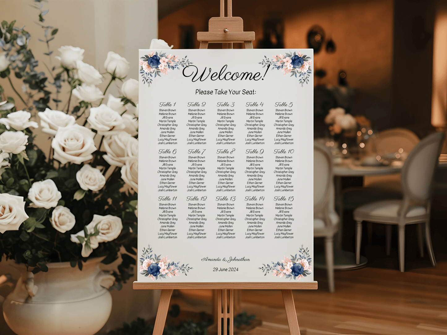 Pink & Blue Floral 7Pc Wedding Reception Bundle with Seating Chart, Printable Templates