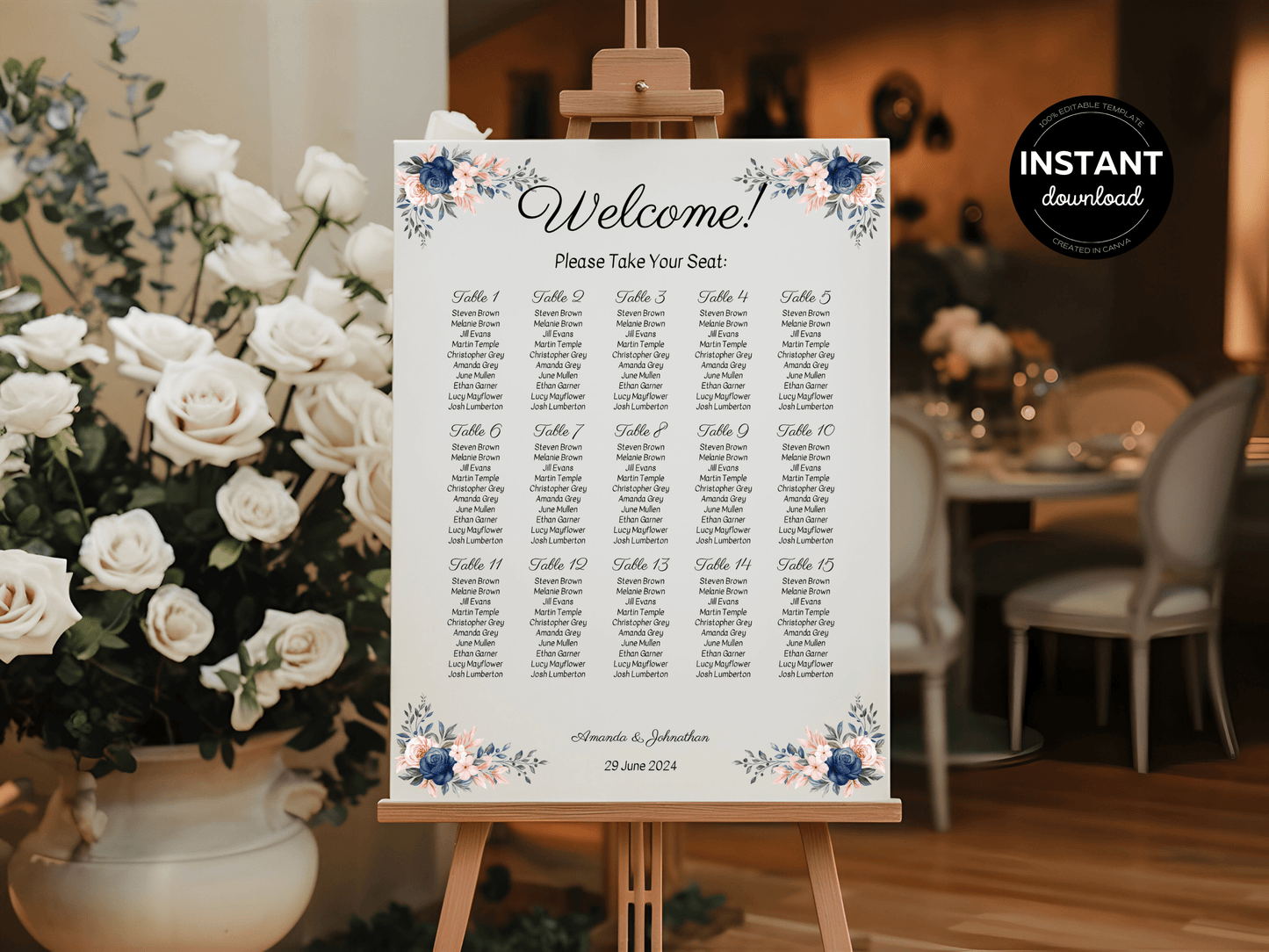 Pink & Blue Floral Wedding Seating Template Bundle, Printable Templates