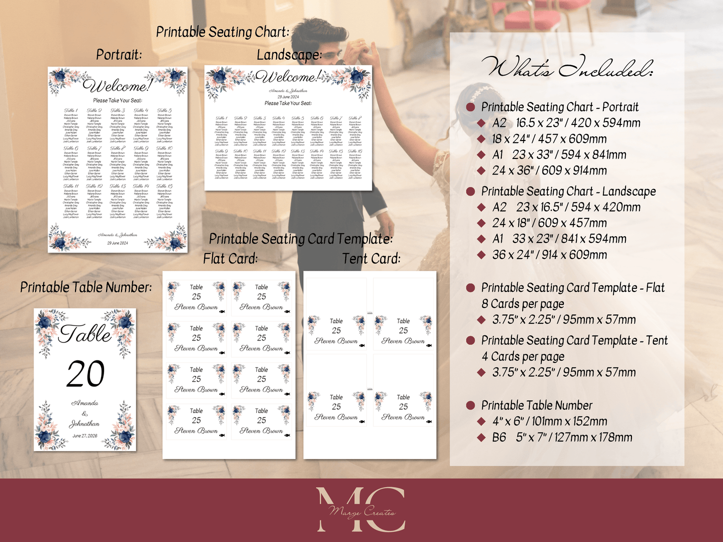 Pink & Blue Floral 7Pc Wedding Reception Bundle with Seating Chart, Printable Templates