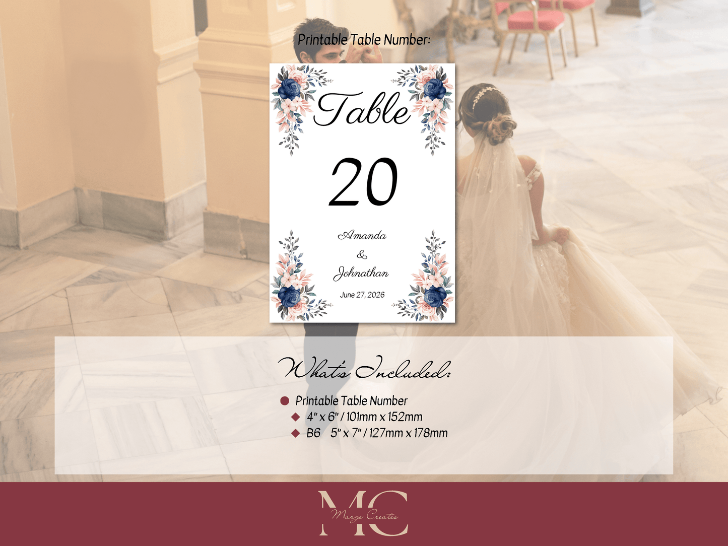 Pink & Blue Floral Wedding Table Number Templates, Printable Templates
