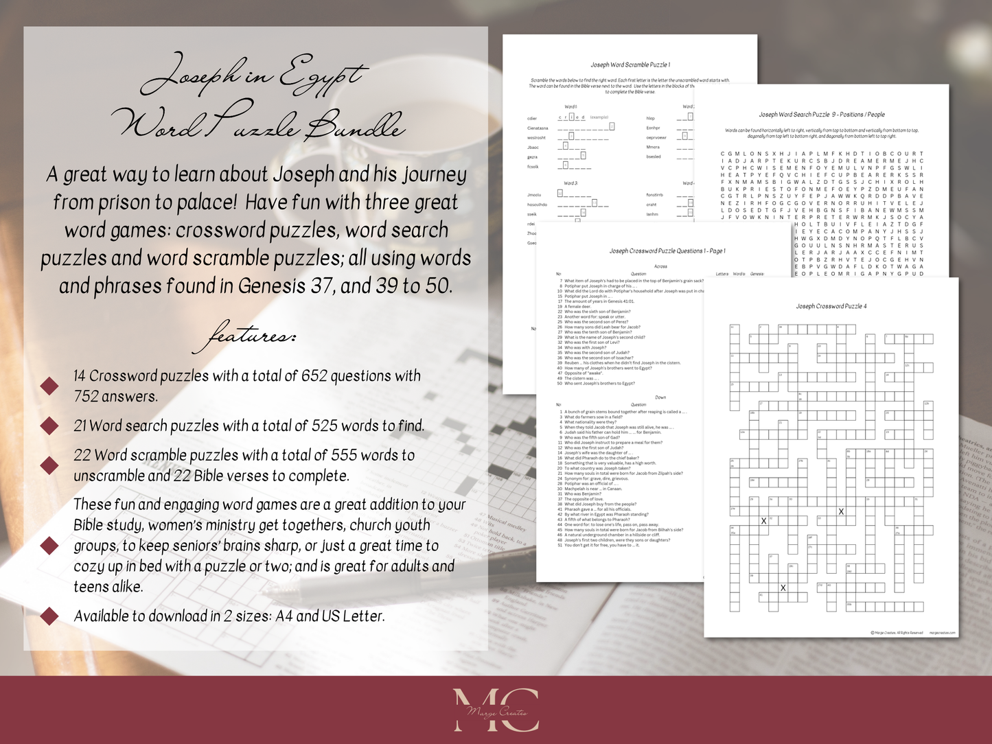 Bible Word Puzzle Bundle - Joseph in Egypt - Crossword, Word Search, Word Scramble