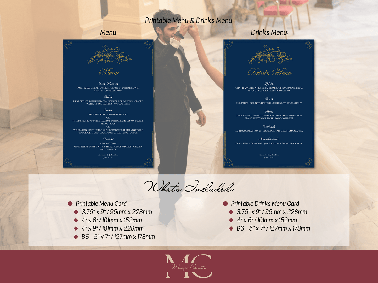 Elegant Blue & Gold Wedding Menu & Drinks Menu Template, Design 1, Printable Template
