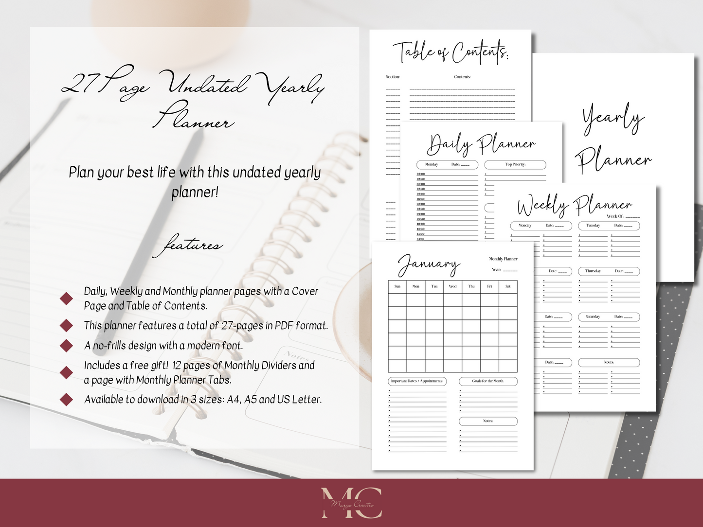 Undated Planner; Monthly, Weekly, Daily Planner