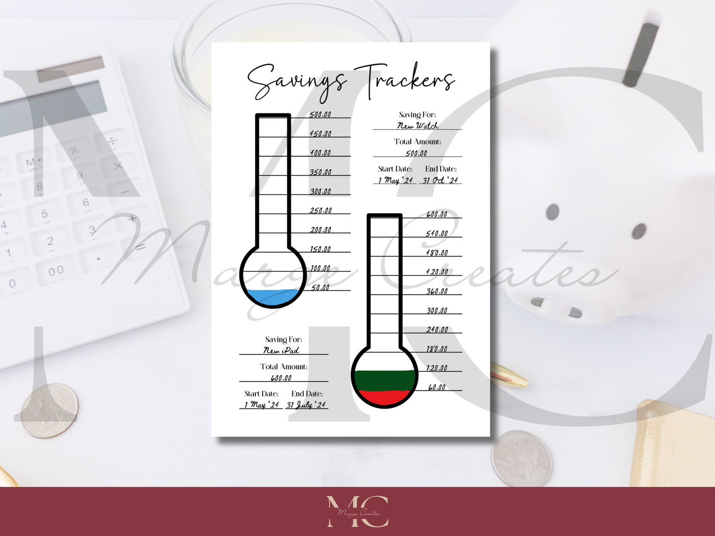 Savings Thermometers, Money Saving Challenge, Savings Tracker