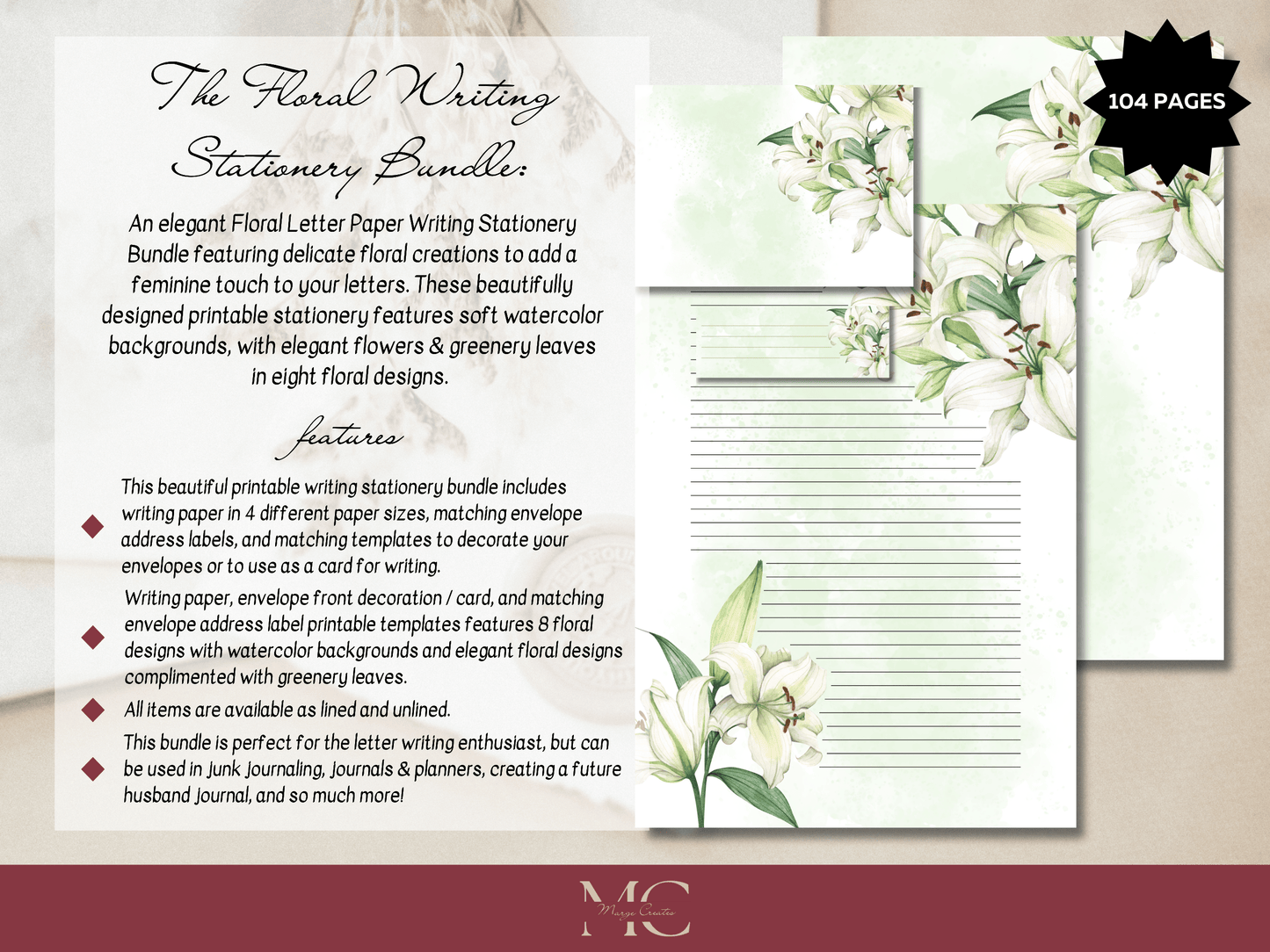 Floral Letter Paper Writing Stationary Set - Writing Paper, Address Labels, Envelope Decoration/Card, Design 1, 8 Designs - 104 Pages