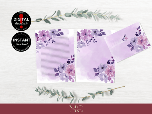 Floral Letter Paper Writing Stationary Set - Writing Paper, Address Labels, Envelope Decoration/Card, Design 1, 8 Designs - 104 Pages