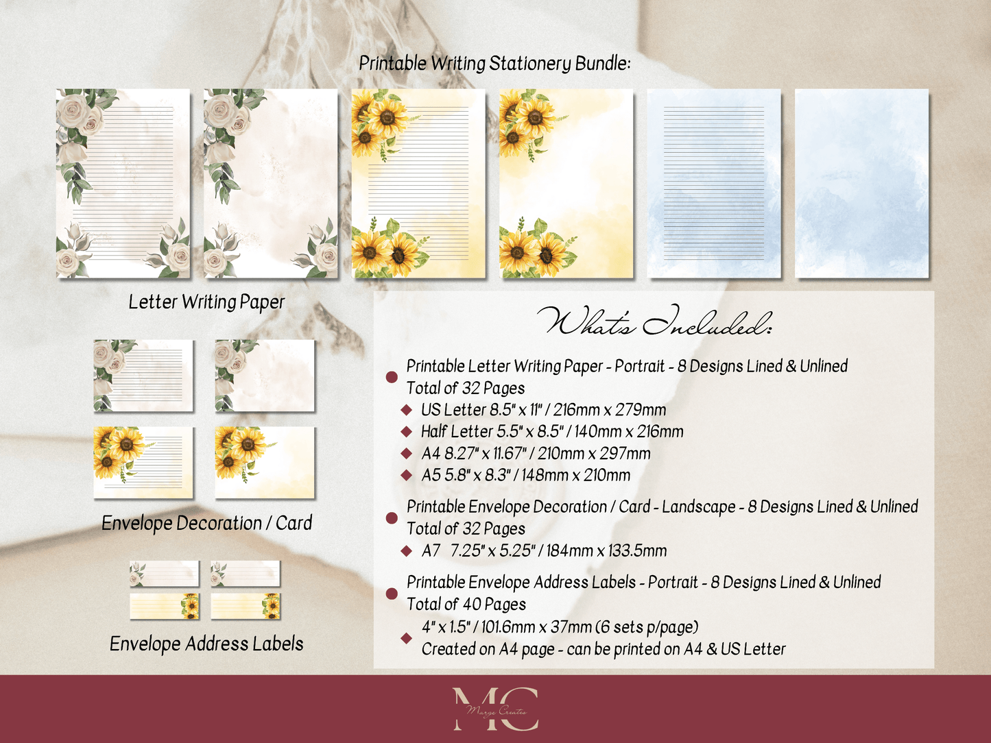 Floral Letter Paper Writing Stationary Set - Writing Paper, Address Labels, Envelope Decoration/Card, Design 1, 8 Designs - 104 Pages