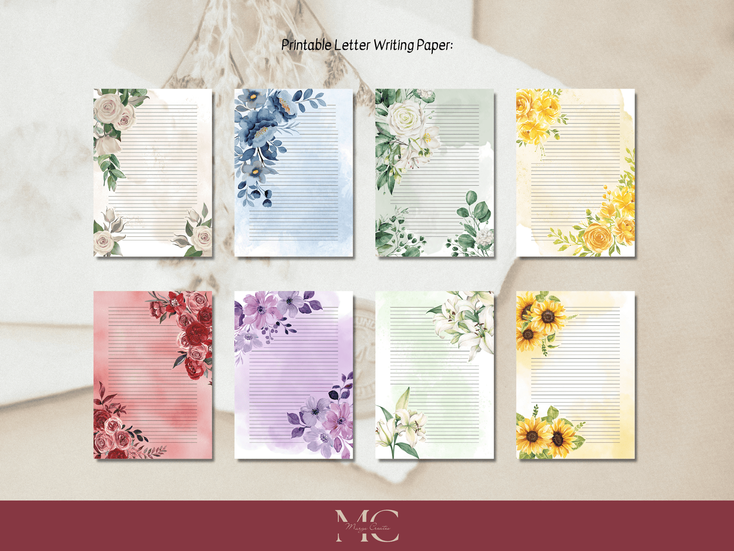 Floral Letter Paper Writing Stationary Set - Writing Paper, Address Labels, Envelope Decoration/Card, Design 1, 8 Designs - 104 Pages