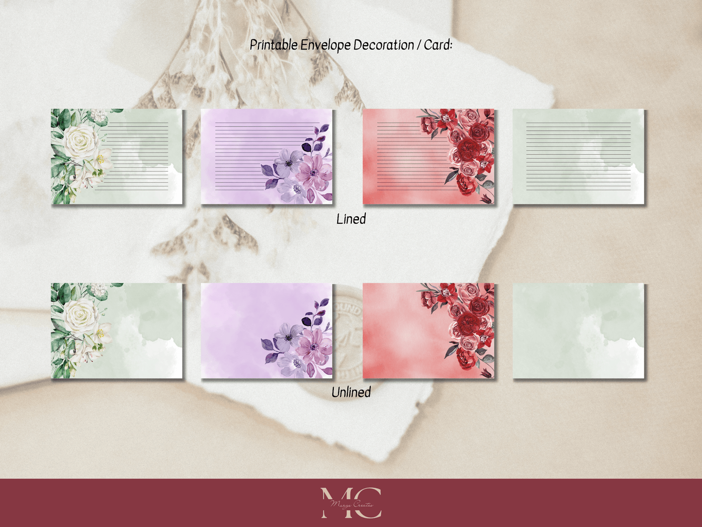Floral Letter Paper Writing Stationary Set - Writing Paper, Address Labels, Envelope Decoration/Card, Design 1, 8 Designs - 104 Pages