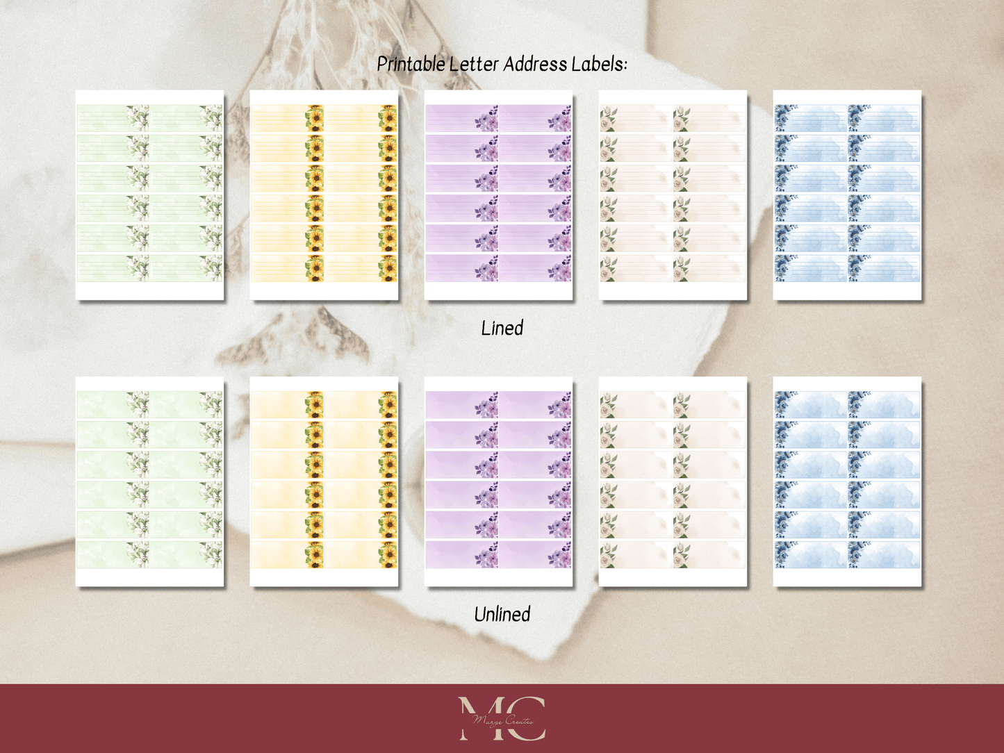 Floral Letter Paper Writing Stationary Set - Writing Paper, Address Labels, Envelope Decoration/Card, Design 1, 8 Designs - 104 Pages