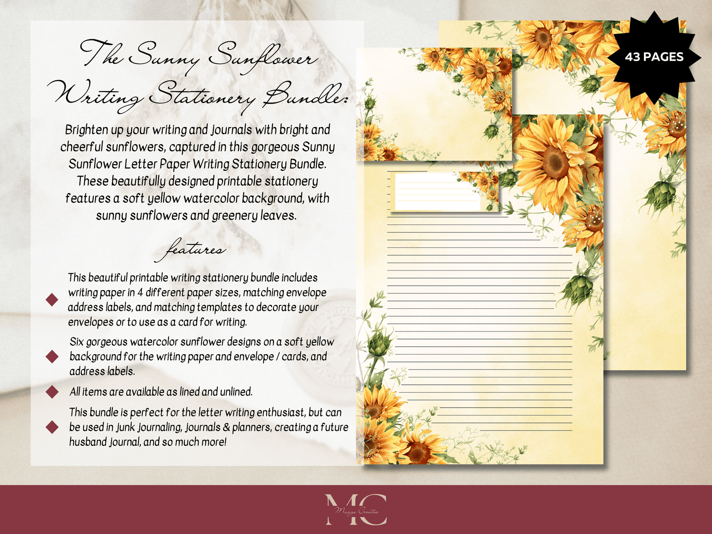 Sunny Sunflowers Letter Paper Writing Stationary Set - Writing Paper, Address Labels, Envelope Decoration/Card, 6 Designs - 43 Pages