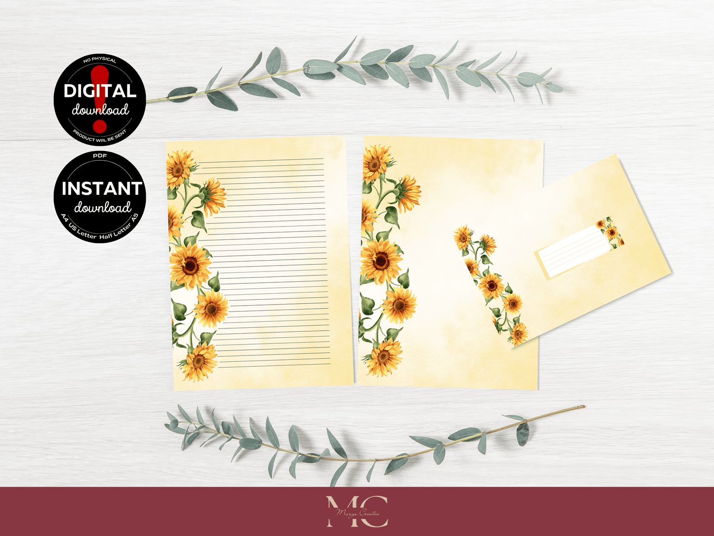 Sunny Sunflowers Letter Paper Writing Stationary Set - Writing Paper, Address Labels, Envelope Decoration/Card, 6 Designs - 43 Pages