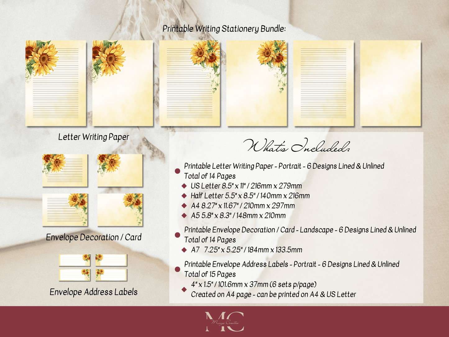 Sunny Sunflowers Letter Paper Writing Stationary Set - Writing Paper, Address Labels, Envelope Decoration/Card, 6 Designs - 43 Pages