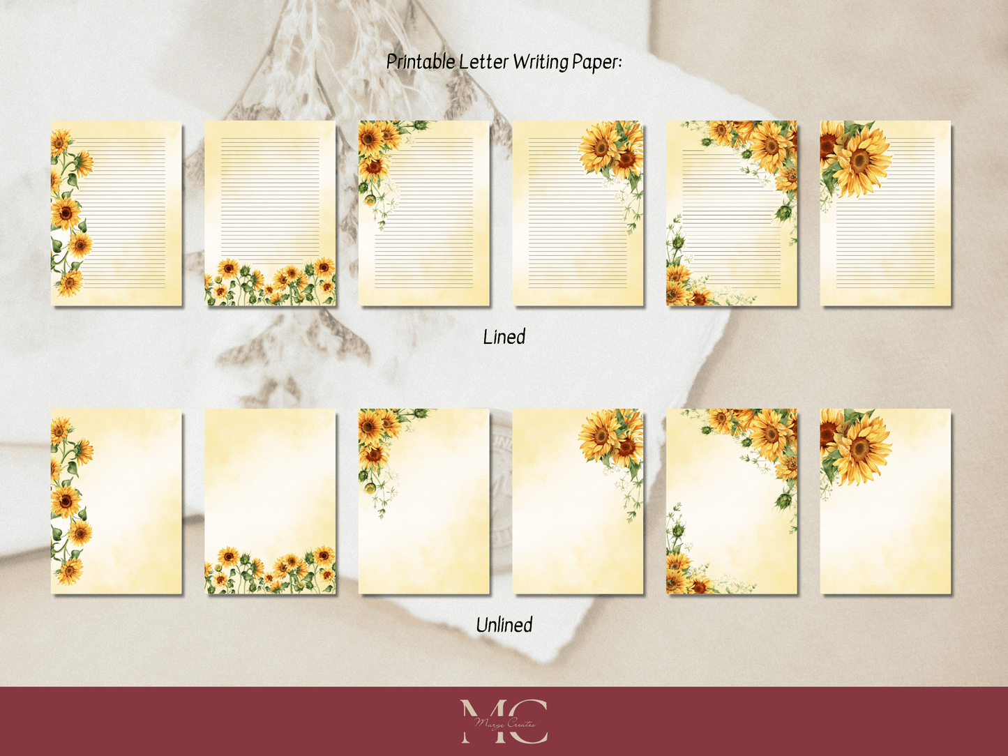 Sunny Sunflowers Letter Paper Writing Stationary Set - Writing Paper, Address Labels, Envelope Decoration/Card, 6 Designs - 43 Pages