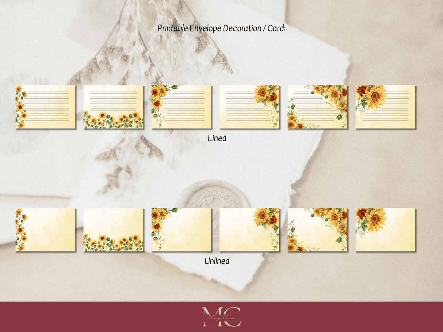 Sunny Sunflowers Letter Paper Writing Stationary Set - Writing Paper, Address Labels, Envelope Decoration/Card, 6 Designs - 43 Pages
