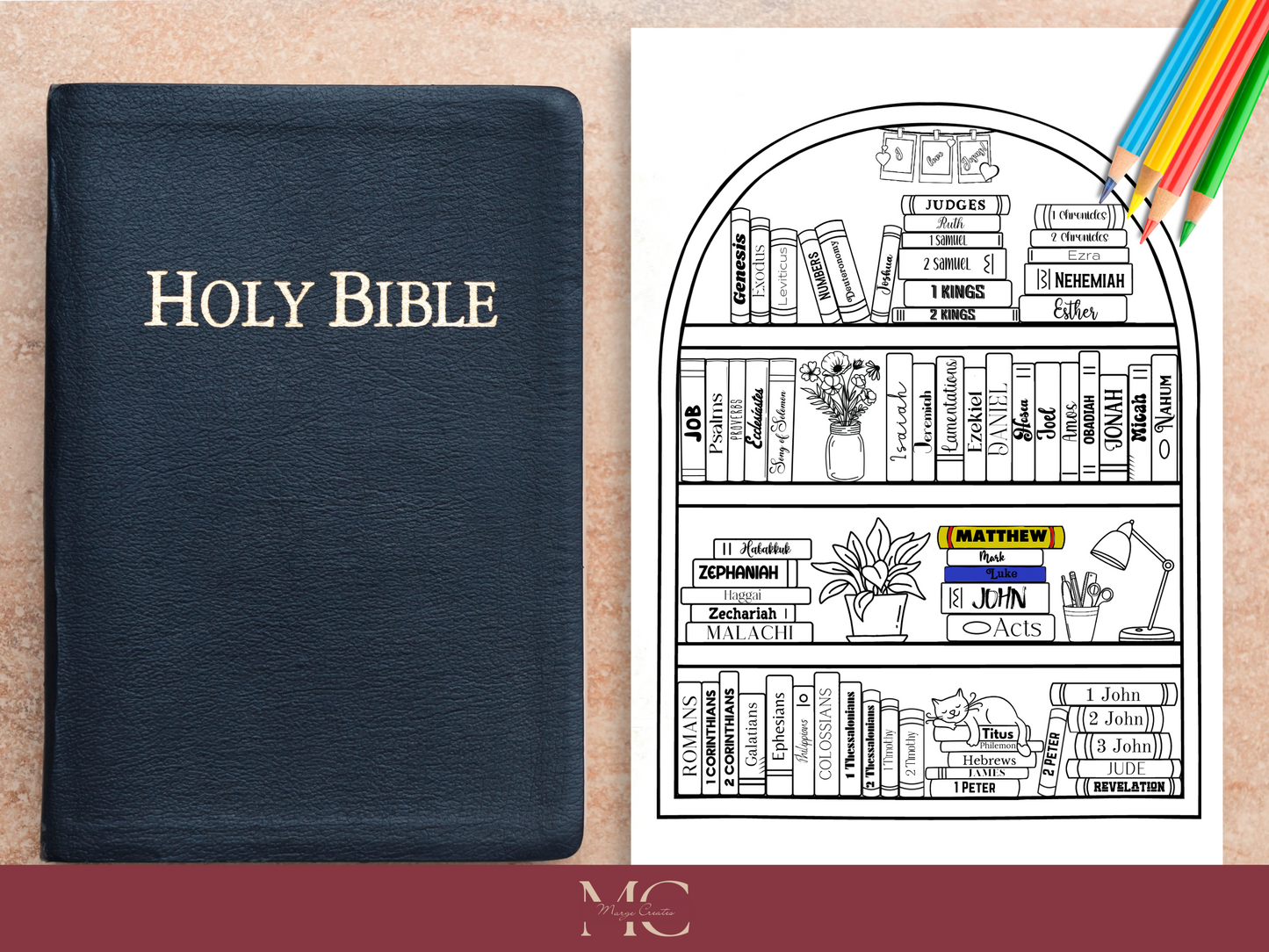 Bible Reading Bookshelf Coloring Tracker, Bible Books Coloring Bookshelf Tracker