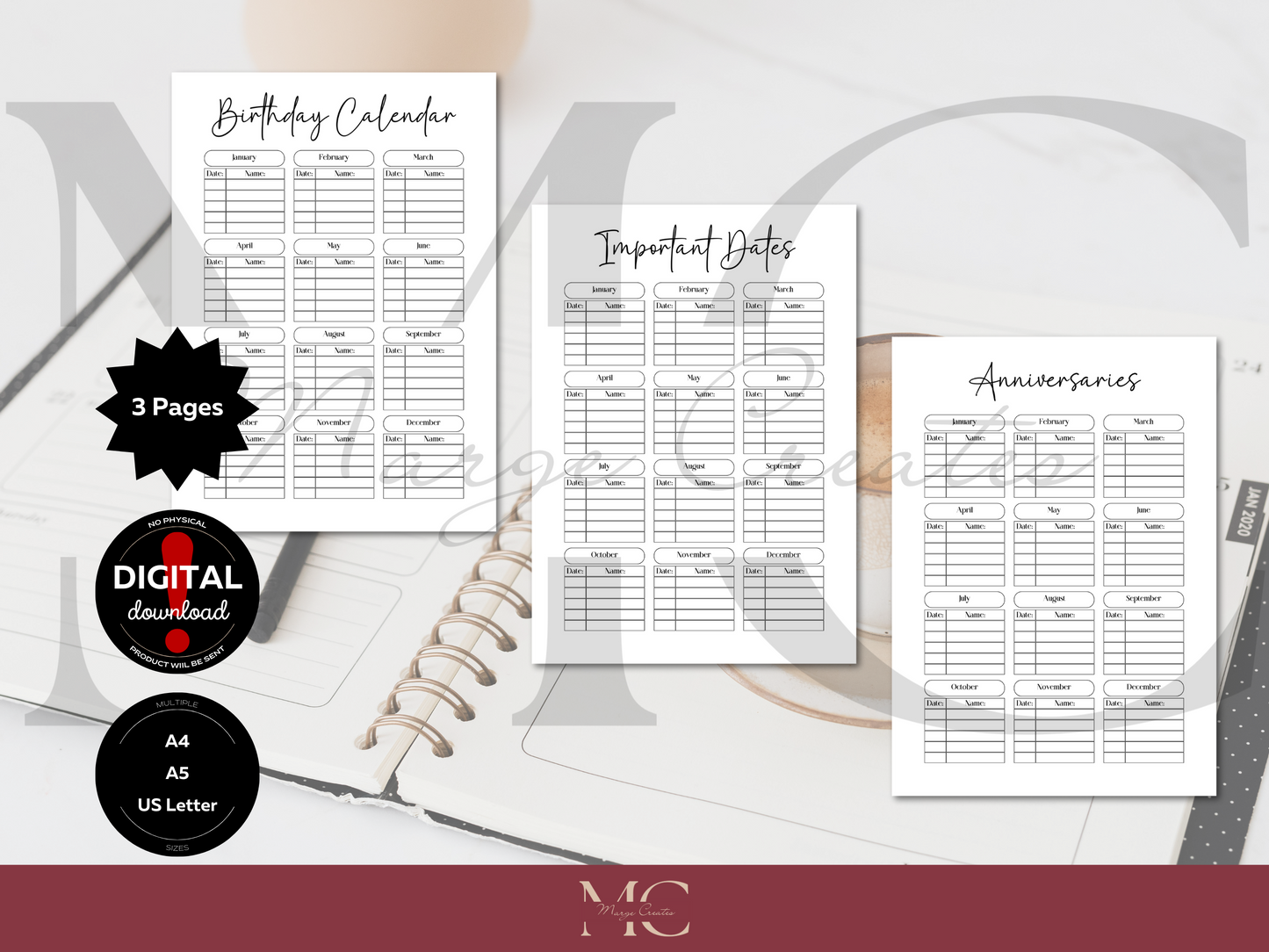 Dates to Remember Bundle: Birthday Calendar, Anniversaries Calendar & Important Dates Calendar