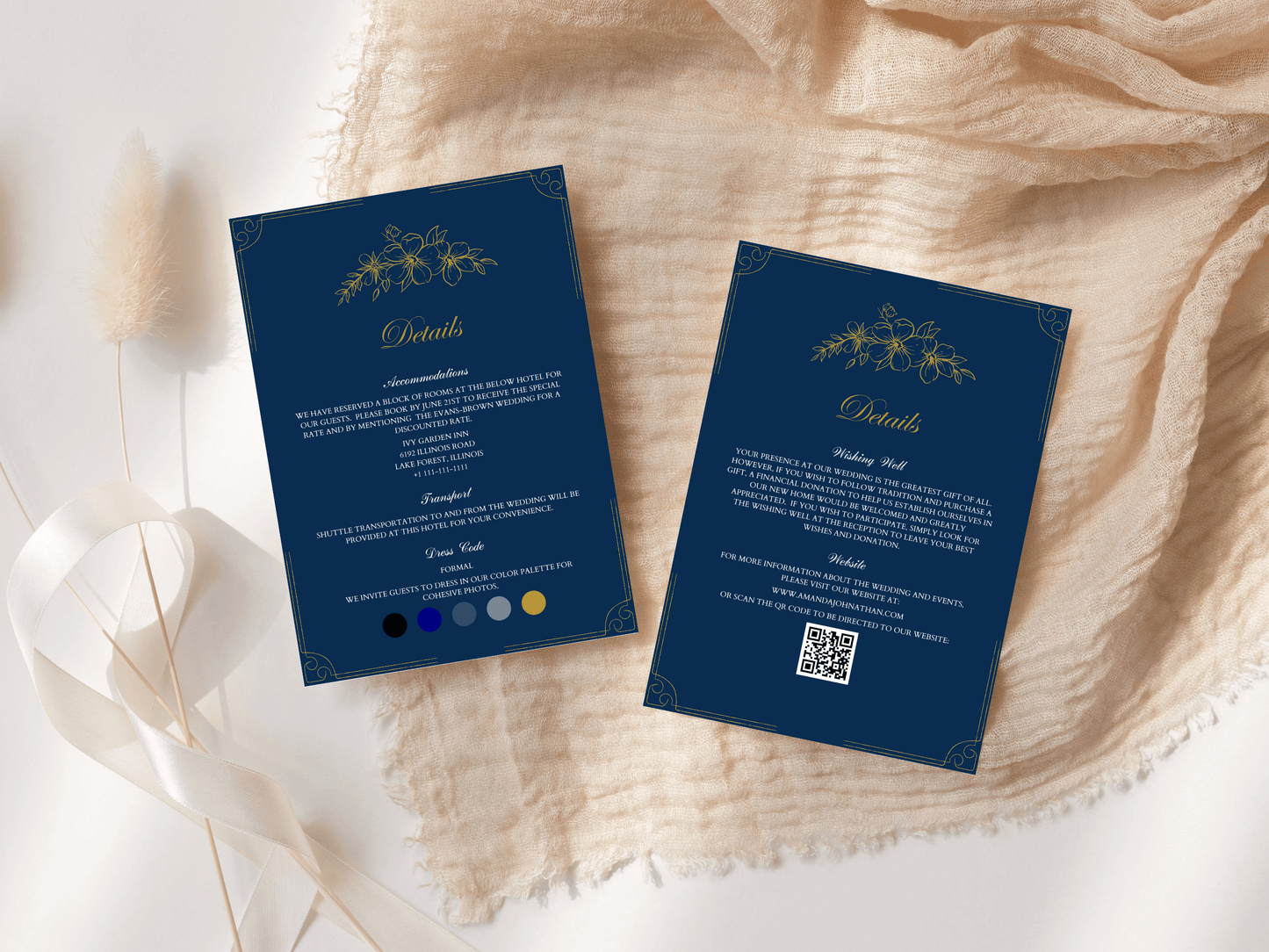 Elegant Blue and Gold Wedding Details Insert Template, Printable & Digital Templates